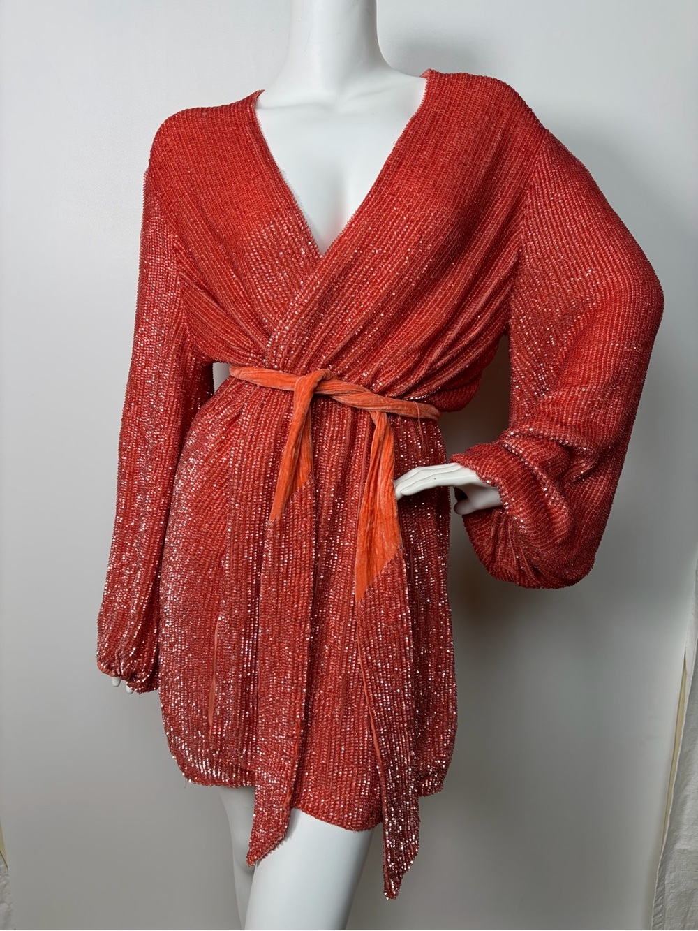 Retrofete, Gabrielle Plunging Wrap Sequin Robe Mini Dress in Pink